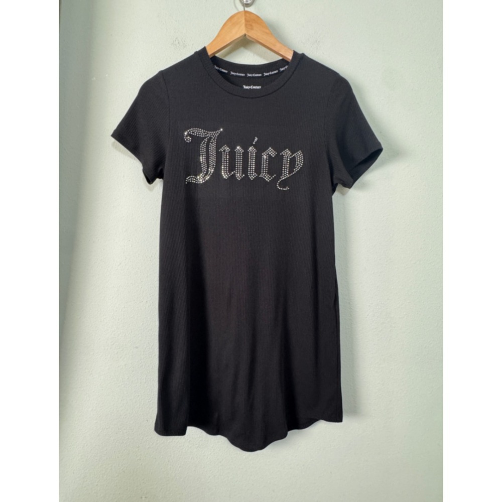 Juicy Couture Bling Ribbed T-Shirt Dress Black Rhinestone Logo Sleepwear Dress S